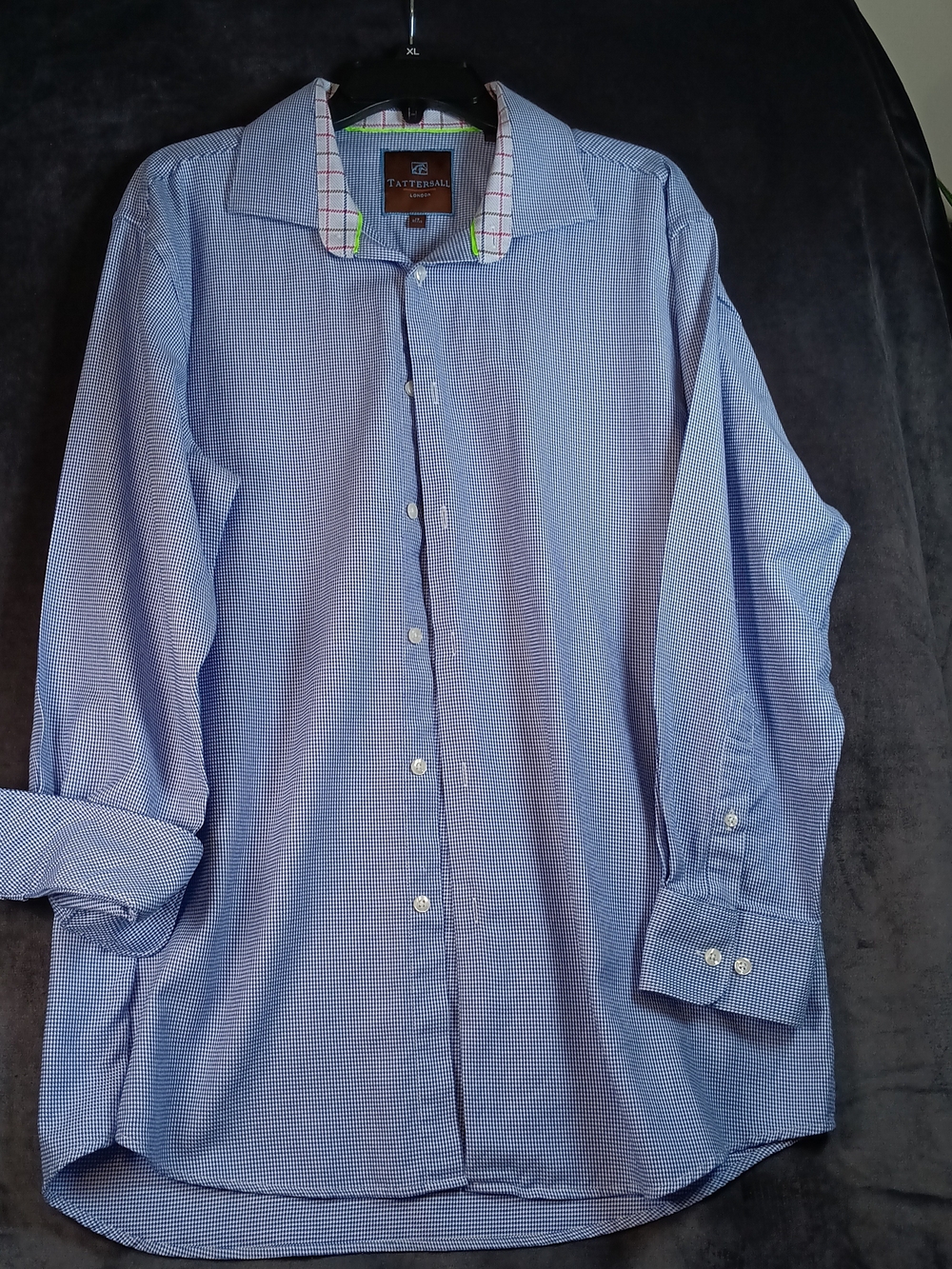 Tattersall Blue Men's Dress Shirt with Contrast Trim